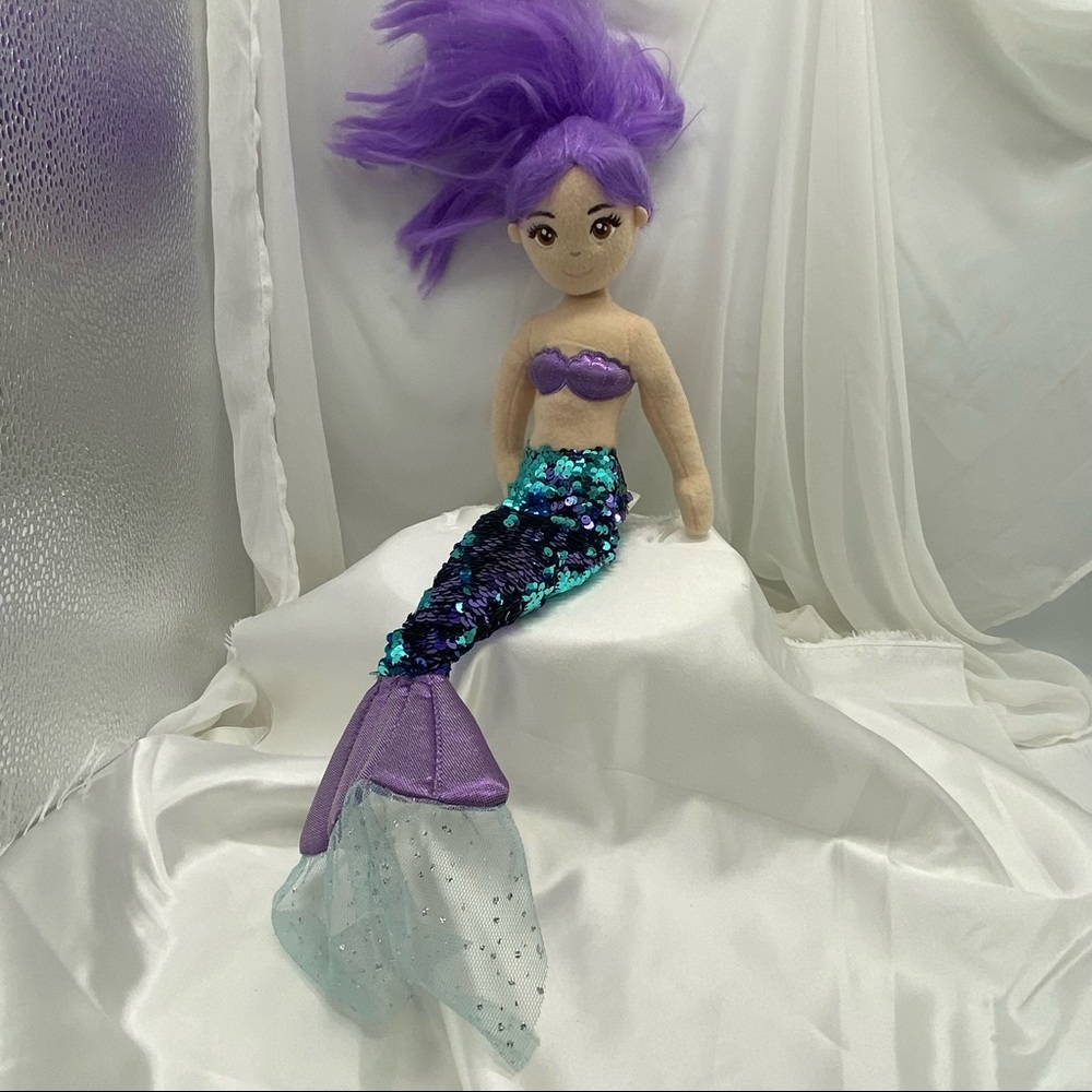 Aurora Mermaid Soft Stuffed with Sequined Tail Embroidered Eyes Lavender Hair